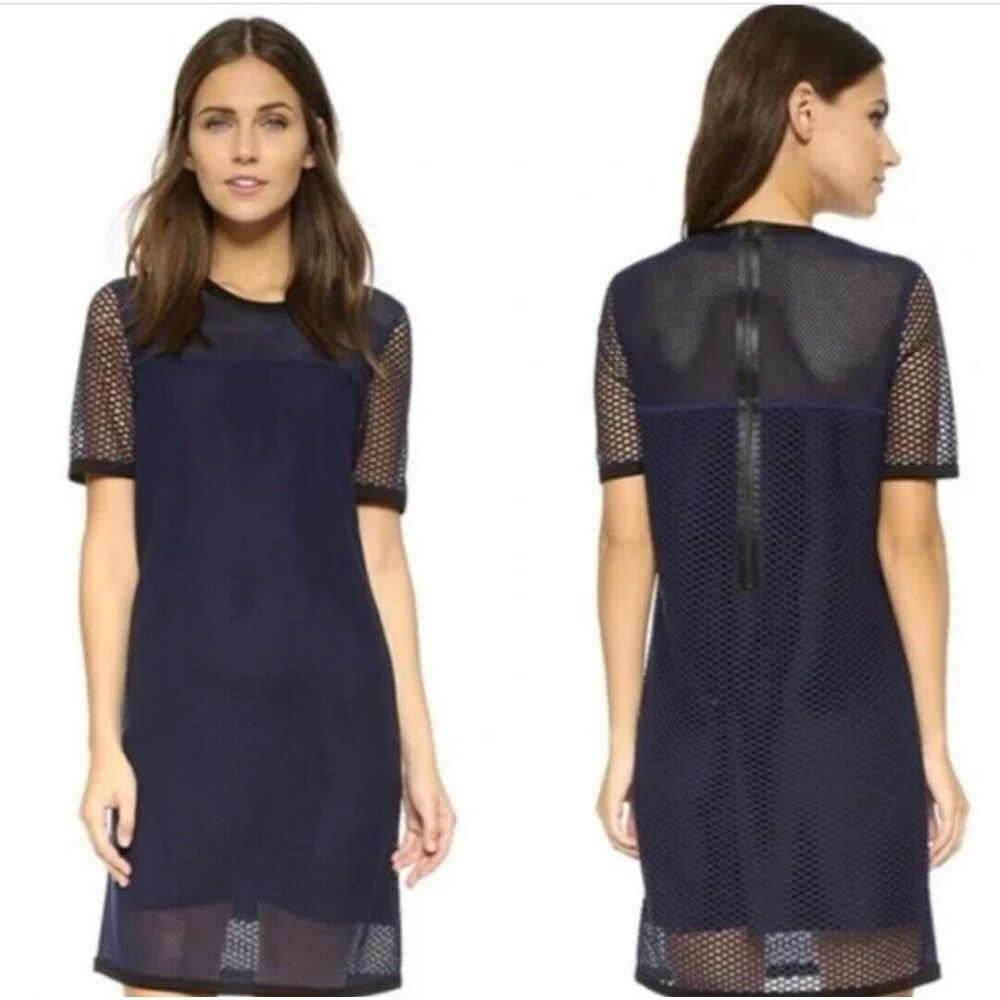 Rag and Bone Womens S Luna Navy Blue Mesh Fishnet Shift Dress Short Sleeve